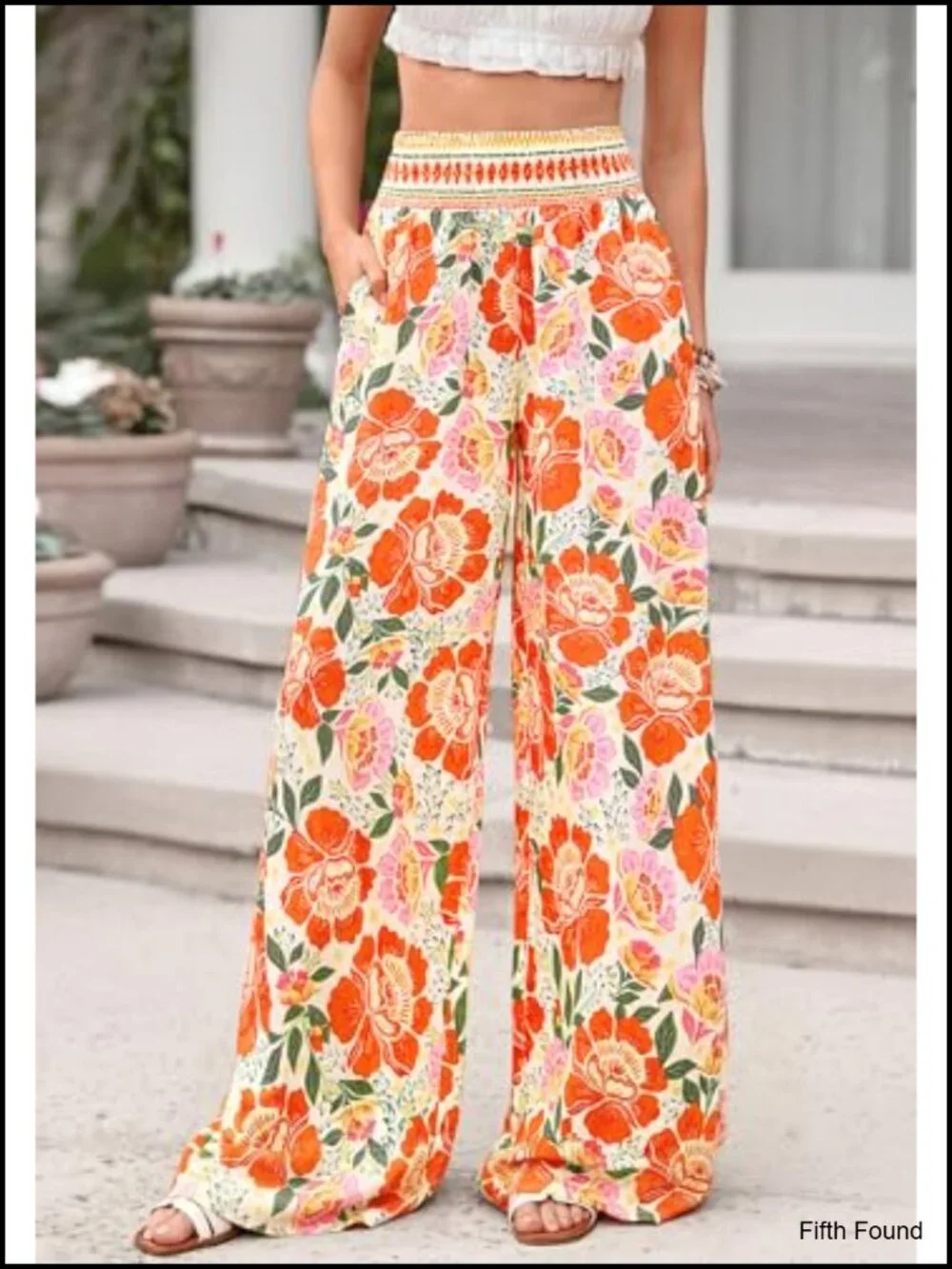 Wide Leg Pants Smocked Waist Floral Resort Beach Casual Trousers